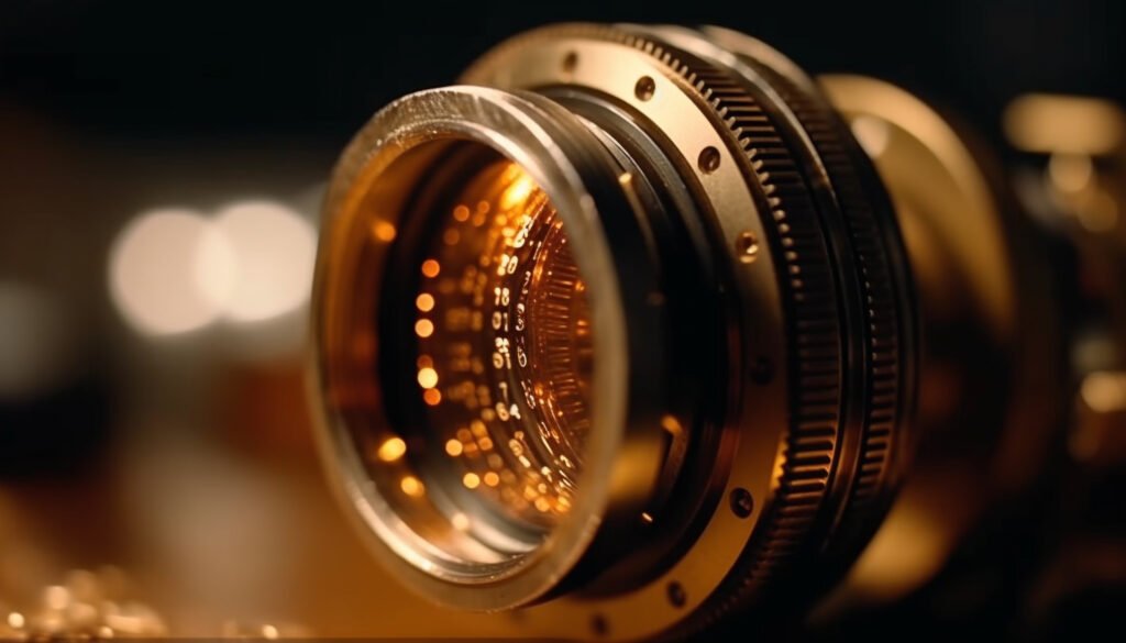 Shiny chrome lens captures antique glass reflection